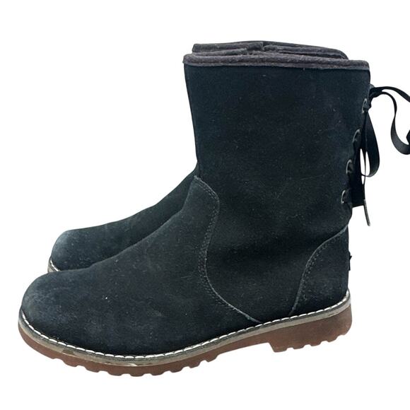 UGG Kids Boot 3 Corene Black Suede II Side Zip Lace Up Bow Back Cozy Casual Warm - Picture 2 of 13